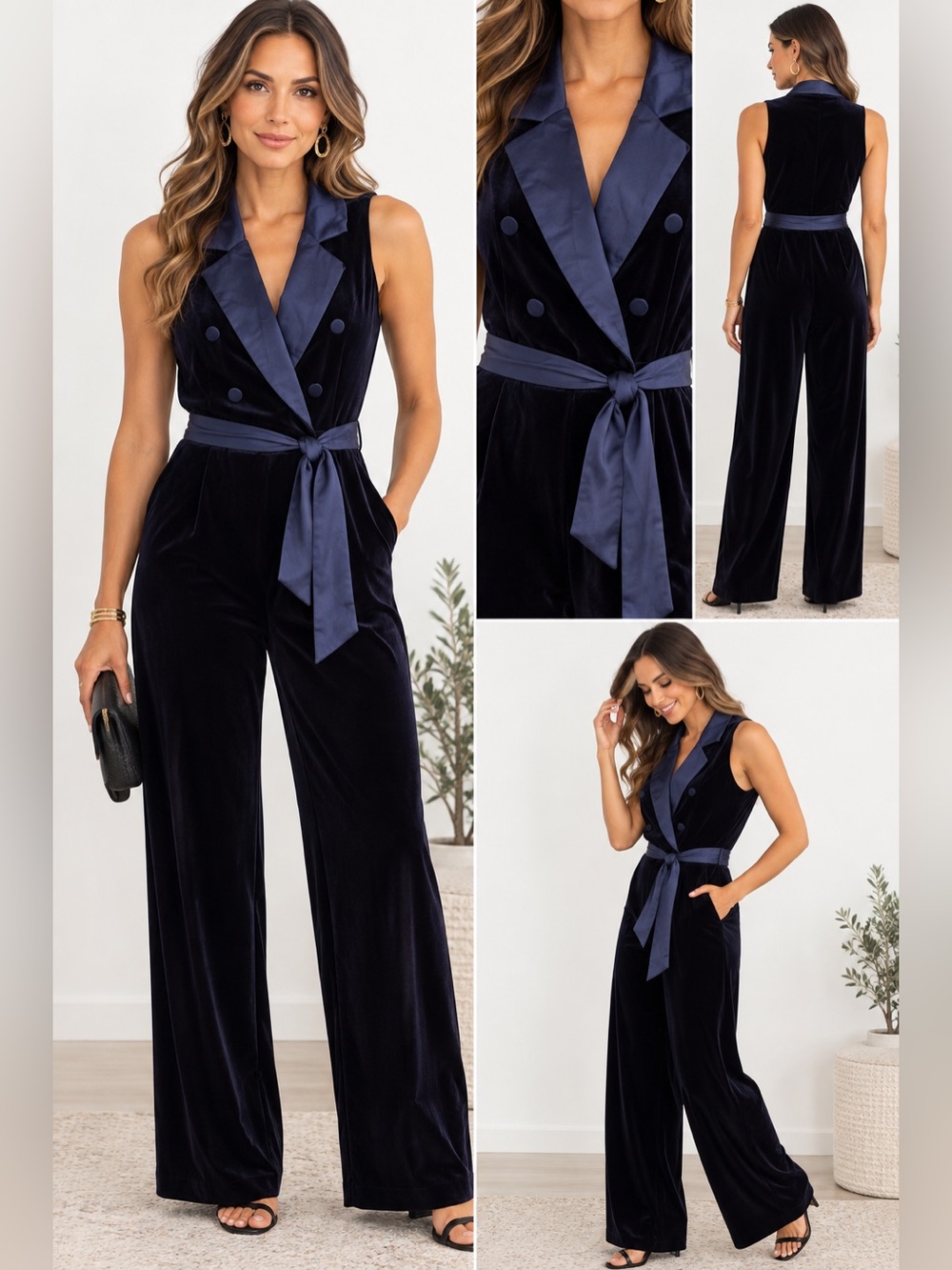Endless Rose Navy Velvet Double-Breasted Jumpsuit with Satin Trim